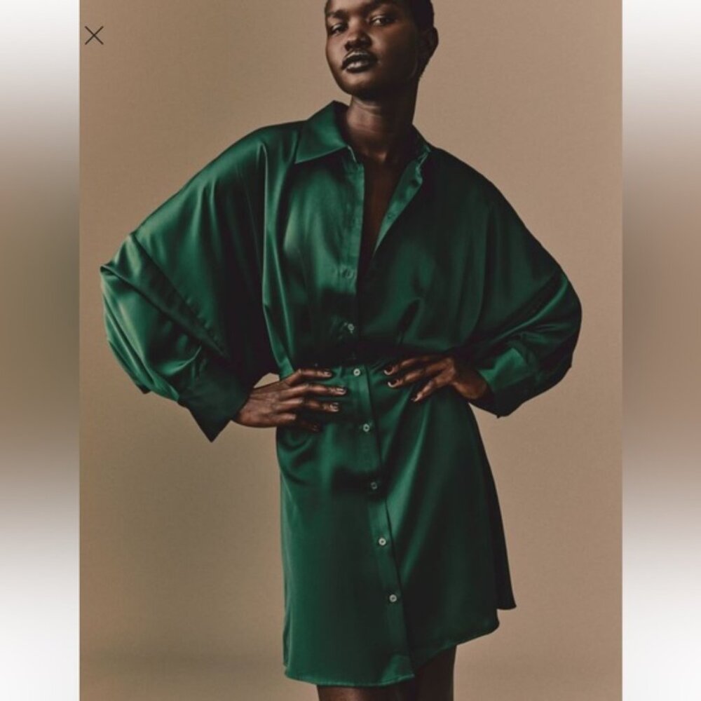 Emerald Satin Button-Front Shirt Dress NWT